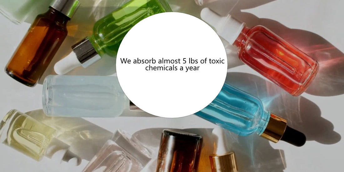 Image of beauty products with text that says We absorb almost 5 lbs of toxic chemicals a yerar.