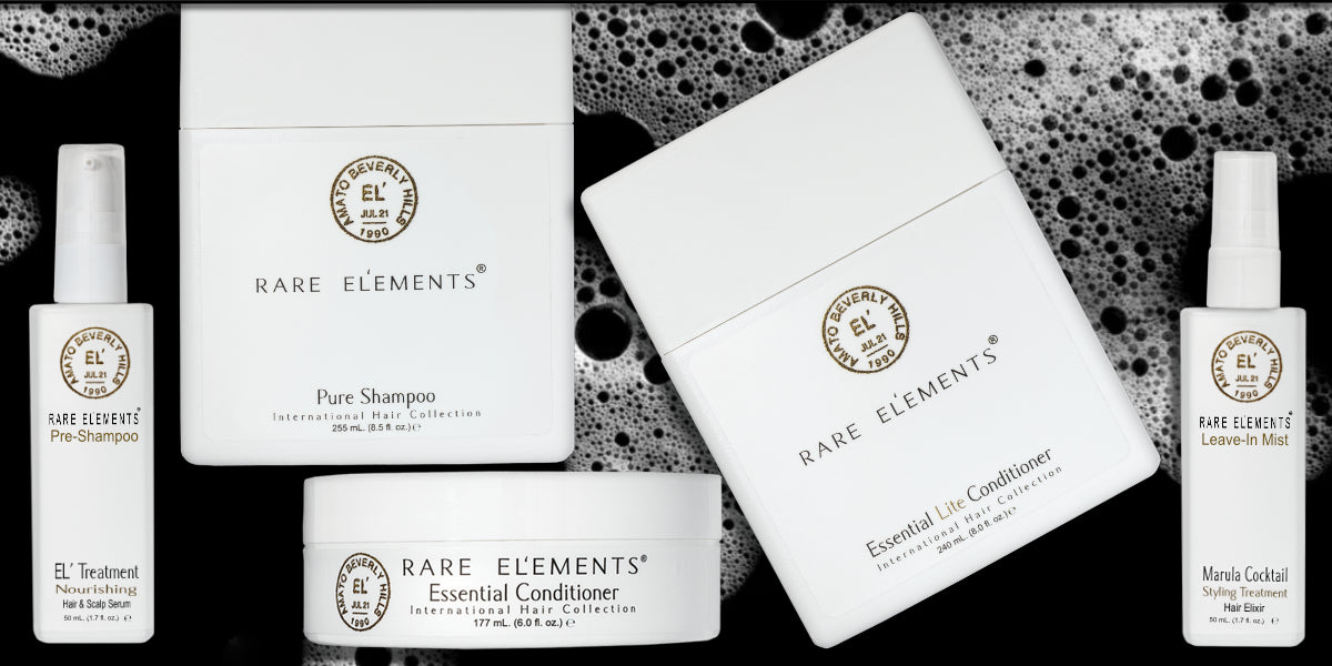 Image of Rare Elements Hair Care on black background with suds.