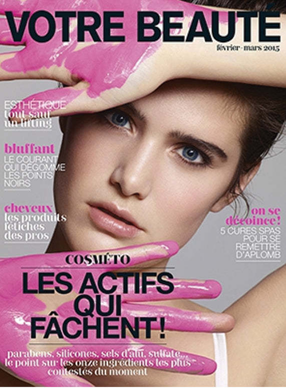 Cover of Votre Beaute featuring an article about Rare Elements Hair Products.