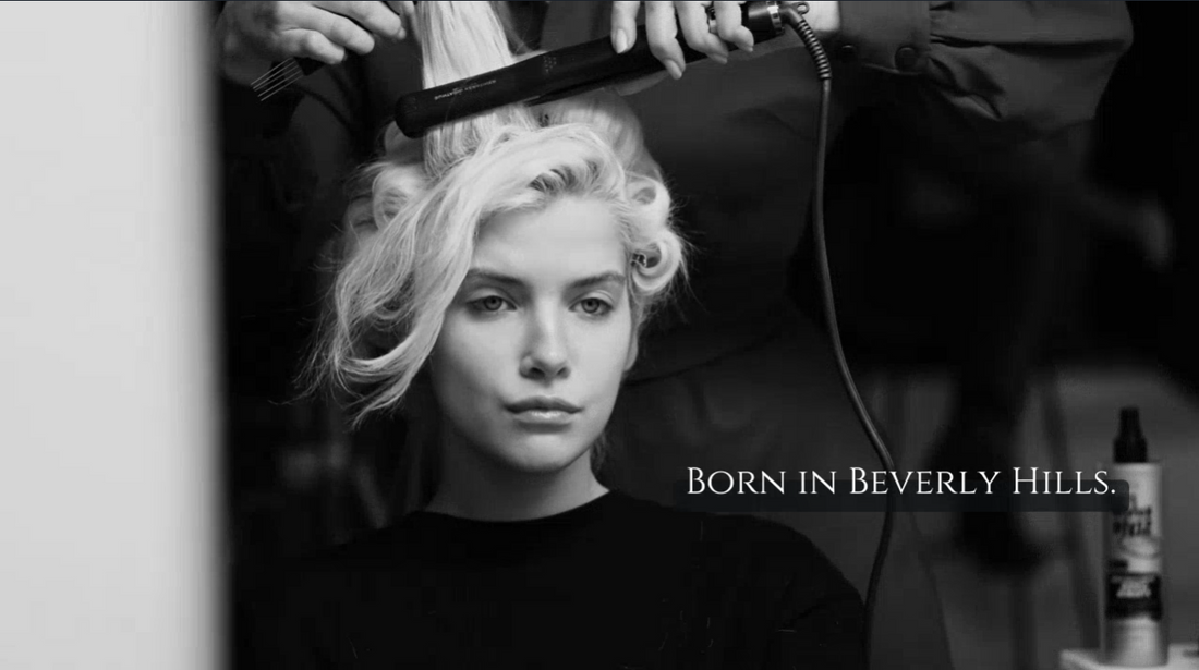 Girl that looks like Marilyn Monroe at a hair salon the captions says, Born in Beverly Hills.