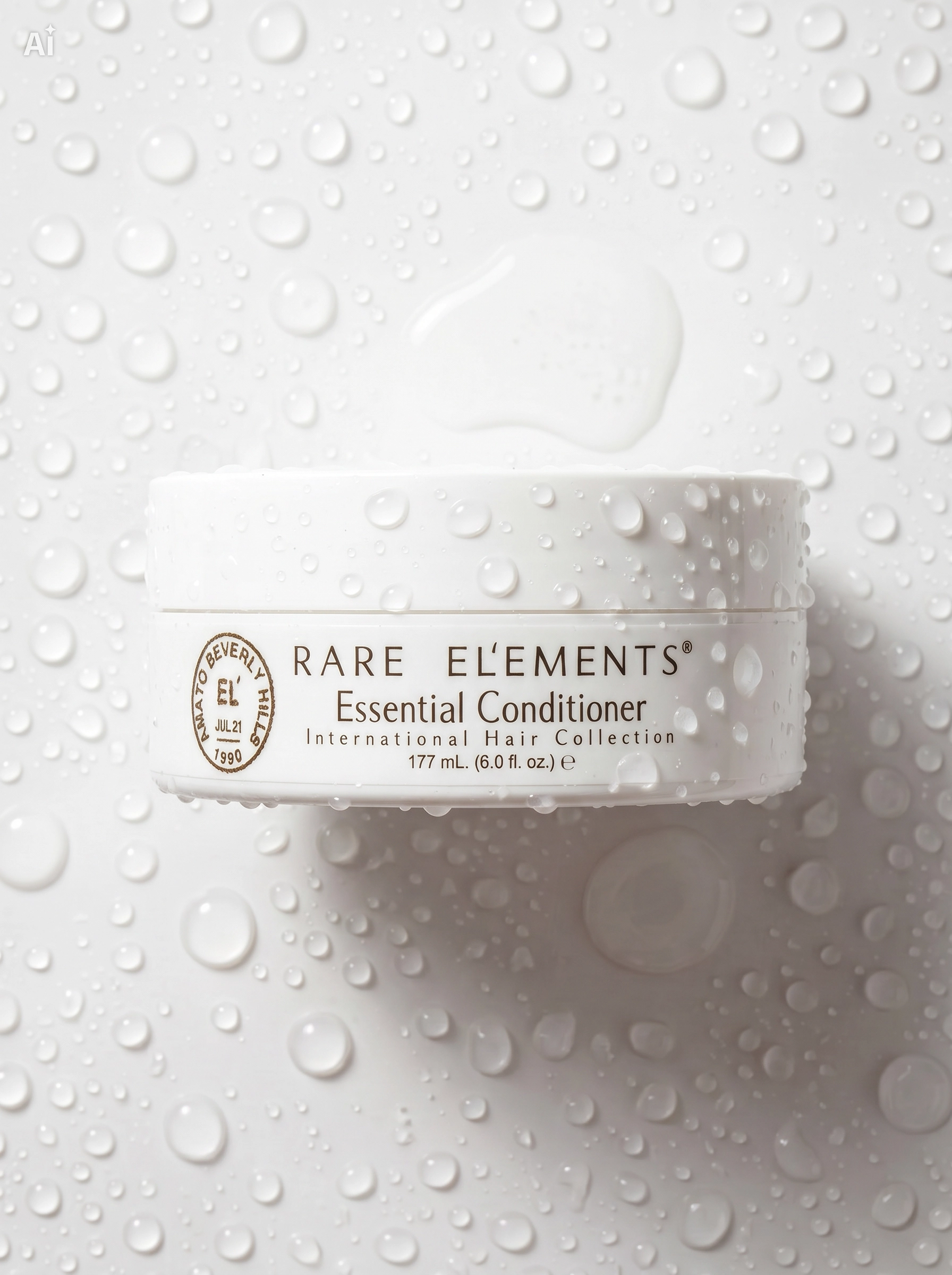 Rare Elements Essential Conditioner jar on a textured white background with water droplets.