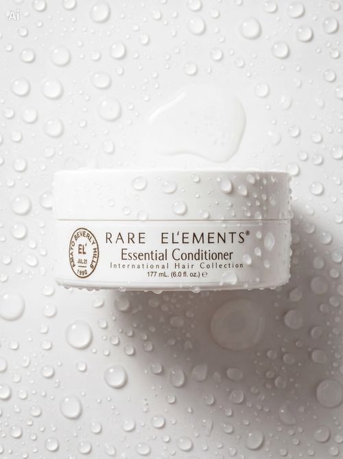 Rare Elements Essential Conditioner jar on a textured white background with water droplets.