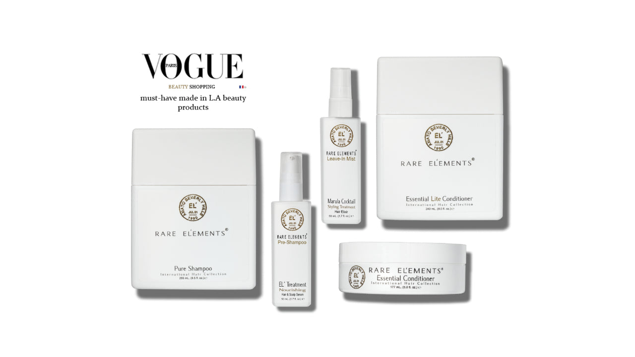 Collection of 'Rare Elements' skincare products with Vogue branding on a white background