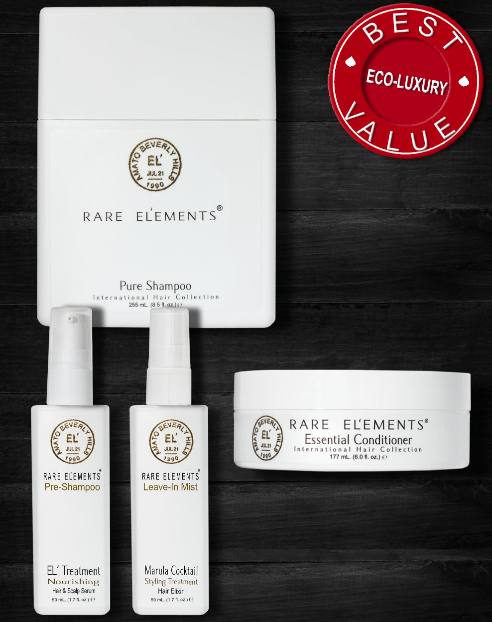 Rare Elements bundle collection for normal and fine hair. Includes a picture of 4 products, the El Treatment hair and scalp serum, Pure shampoo, Essential daily masque,  and the Marula Cocktail leave in styling aid, which is  discounted when purchasing this bundle. 