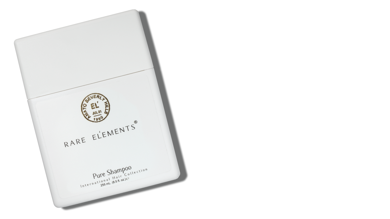 White shampoo bottle with 'Rare Elements' branding on a white background