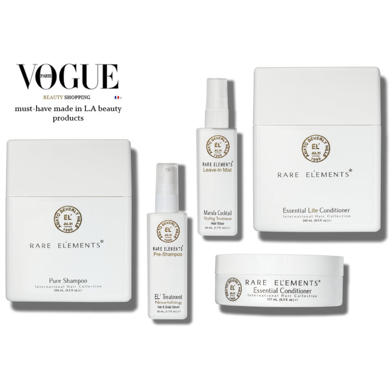 Rare Elements hair care products with Vogue branding on a white background