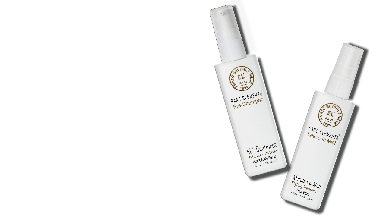 Two bottles one is the EL treatmen hair and scalp serum and the Marula Cocktail Leave in conditioner on a white background